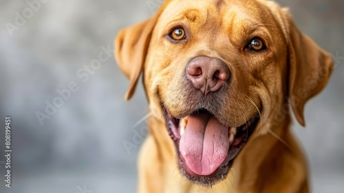  A tight shot of a dog's expressive face with its tongue extended