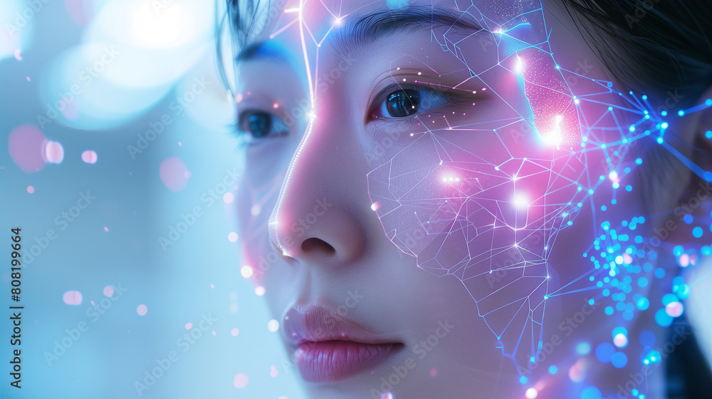 An innovative portrait featuring a girl embodying the future of cosmetics, blending technology and beauty seamlessly. Perfect for futuristic beauty campaigns An innovative portrait featuring a girl embodying the future of cosmetics, blending technology and beauty seamlessly. Perfect for futuristic beauty campaigns