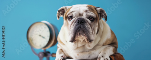 Bulldog sitting with a vintage clock beside it. photo
