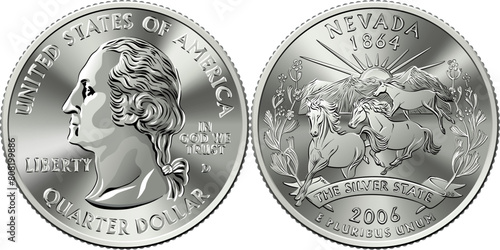 American money, USA Washington quarter dollar Nevada, wild stallions, rising sun on reverse