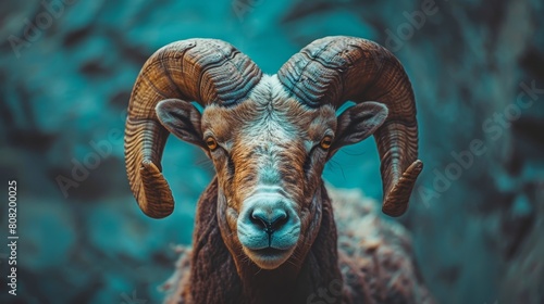   A tight shot of a ram's head, adorned with extended horns, atop rocky terrain against a backdrop of a clear, blue sky photo