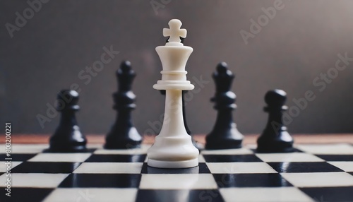  white king alone against black figures chess board