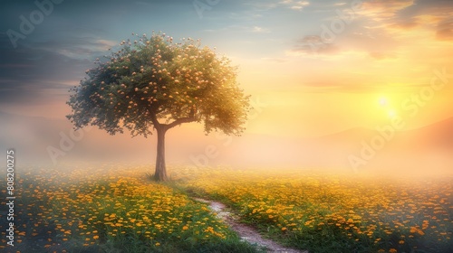  solitary tree with yellow flowers  path in foreground