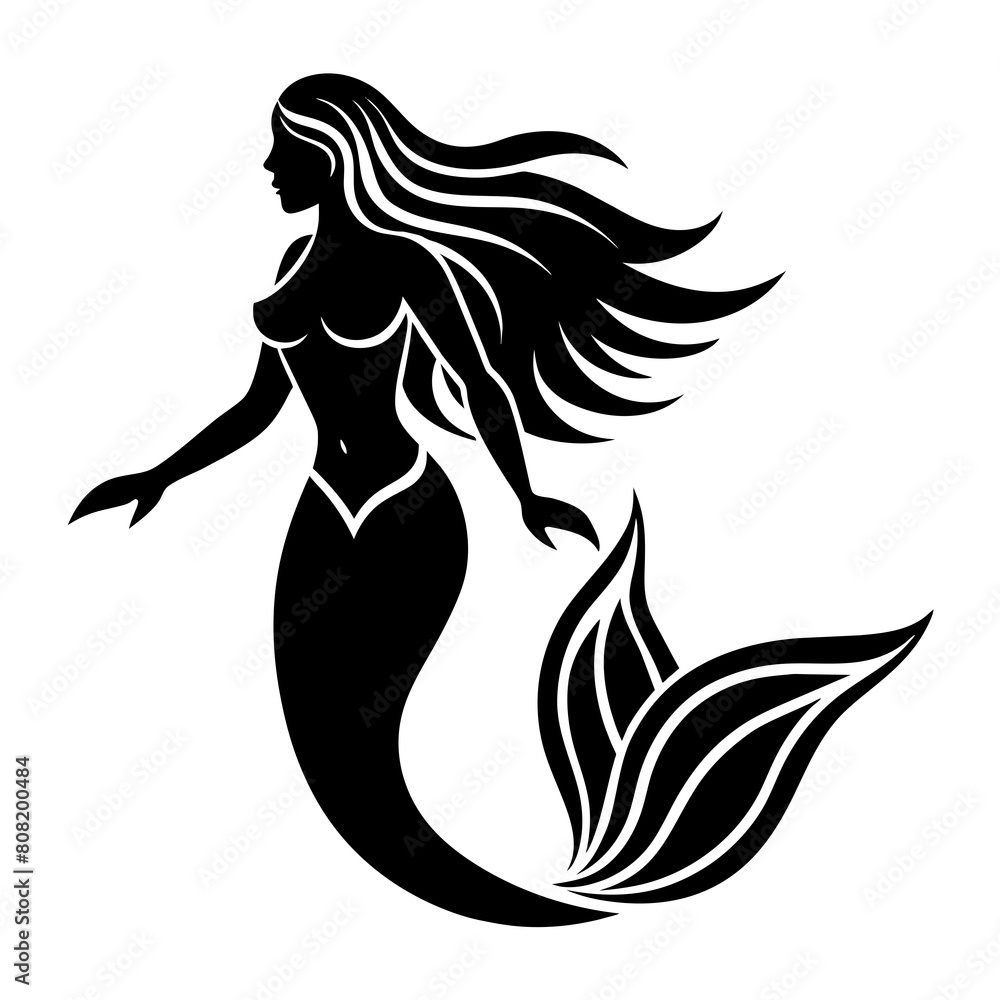 Silhouette of Beautiful Mermaid with Long Tail Vector illustration. Mermaid princess woman silhouette. Girls with fins underwater. Fish. Silhouette of Beautiful Mermaid with Long Tail Vector illustration. Mermaid princess woman silhouette. Girls with fins underwater. Fish.