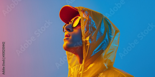 Portrait of a man in a yellow raincoat, studio photo photo