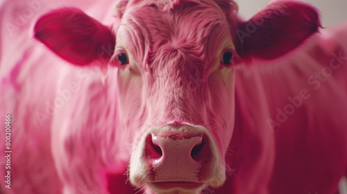   A tight shot of a pink cow's face with a softly blurred self-image © Jevjenijs