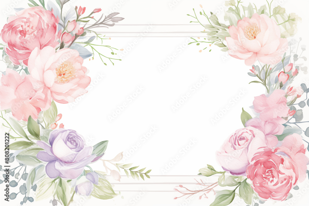 The border card design feature blend of roses, peonies in gentle shades of pink, purple