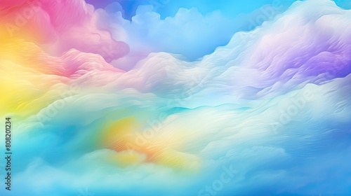 Vibrant rainbow gradient background with soft clouds and blue sky