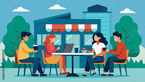 A group of friends sit outside a campus cafe but the conversation quickly turns serious as they discuss upcoming rent and utility payments.. Vector illustration