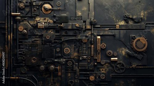 Mechanical structure on a dark background, abstract mechanics, steampunk wallpaper, cyberpunk aesthetics, metal texture detail photography, science fiction inspiration. For electronic music, covers, g