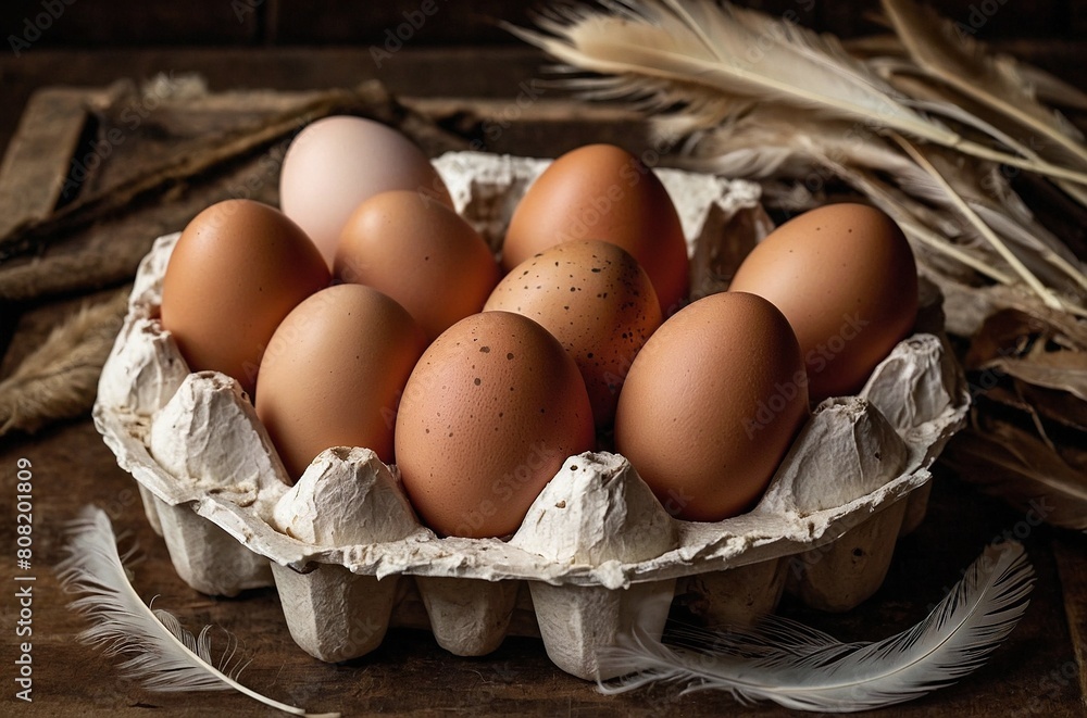 Arrange an open egg carton filled with fresh chicken eggs, surrounded by scattered hen feathers Arrange an open egg carton filled with fresh chicken eggs, surrounded by scattered hen feathers