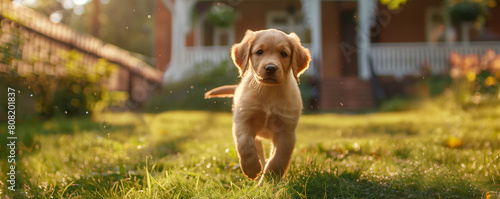 Golden retriever puppy running in sunny backyard. photo