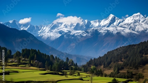 Panoramic view of New Zealand alps and green fields with snow