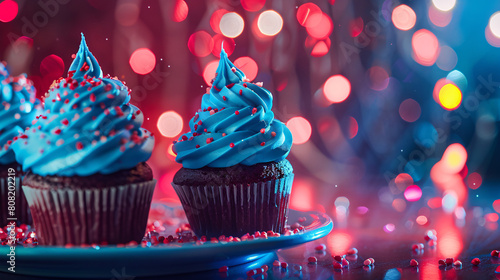 blue frosted cupcakes on a plate with a colorful bokeh background.