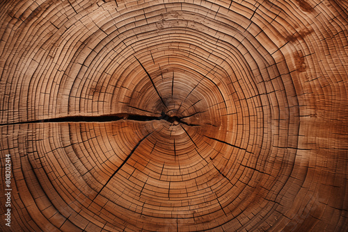 A close up organic and concentric tree rings of a felled tree trunk in warm tones