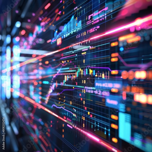 Creative fantastic of business dynamics visualized through virtual data streams, rendered in HUD styles, with a closeup cinematic sharpen