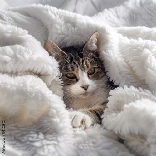 tabby cat nestled in a fluffy white blanket, looking cozy and content. photo