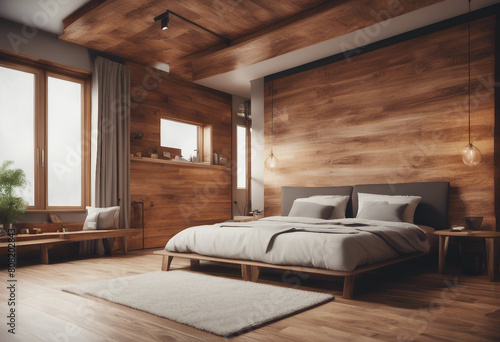 Wooden master bedroom and bathroom interior photo