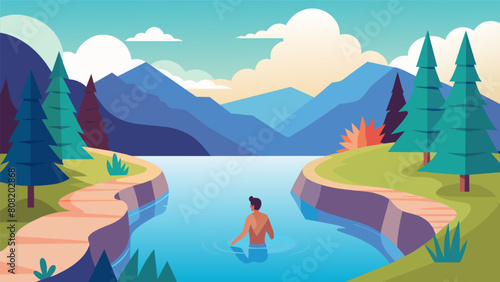 Cool down with a dip in a natural swimming hole located at the end of the trail and surrounded by picturesque scenery.. Vector illustration