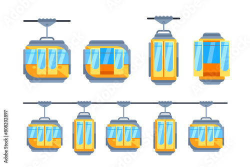Cableway funicular set. Ski cable lift. Resort slope