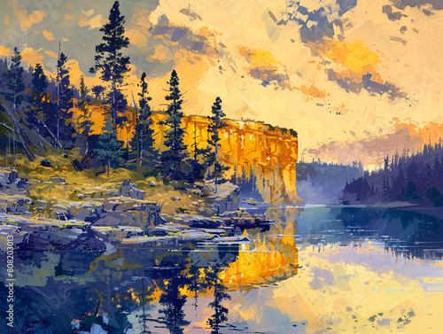 vibrant digital painting of a forested lakeside at sunset. photo
