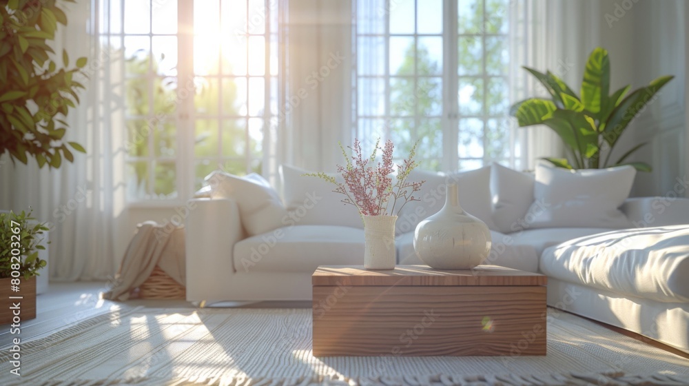 Obraz premium 3D realistic image of a Scandinavian-style living room with a cubic wooden coffee table, white sofa, and armchairs in a bright, sunlit space.