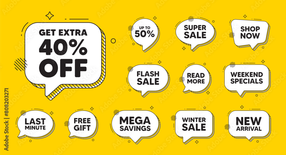 Obraz premium Offer speech bubble icons. Get Extra 40 percent off Sale. Discount offer price sign. Special offer symbol. Save 40 percentages. Extra discount chat offer. Speech bubble discount banner. Vector