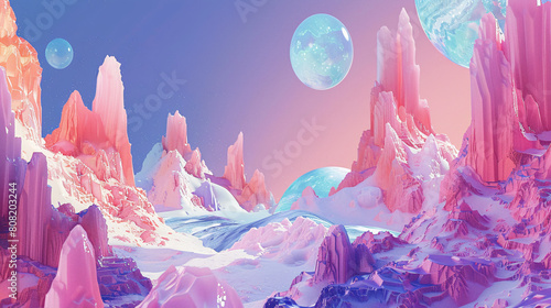 fantasy landscape with pink mountains, blue planets, and a pastel sky. photo