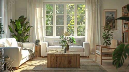 3D realistic image of a Scandinavian-style living room with a cubic wooden coffee table  white sofa  and armchairs in a bright  sunlit space.