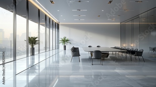 3D realistic image of a sleek  modern meeting room with glass walls  minimalist furniture  and integrated LED lighting for a bright  airy atmosphere.