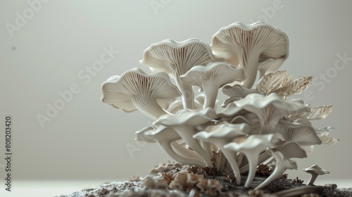 A group of white mushrooms with wavy caps photo