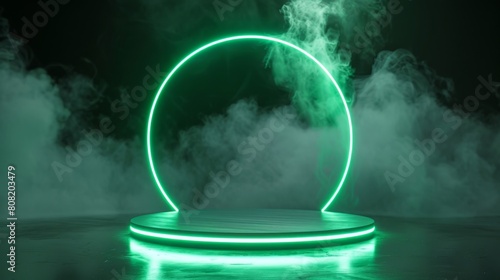 3D podium with neon frame and clouds of smoke. Green pedestal with a circle glow of a laser border on a dark background. Futuristic platform in empty space.