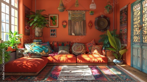 3D realistic portrayal of a bohemian chic living room, with eclectic decorations, vibrant patterns, and an array of plant life.