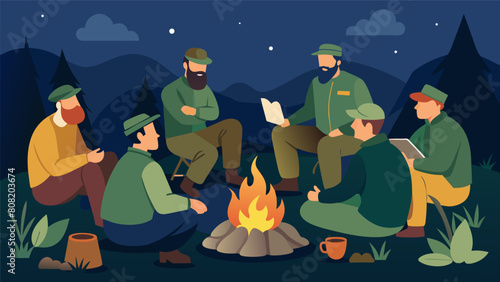 A group of veterans sit around a campfire sharing stories and talking through their traumas in an outdoor therapy session designed specifically for. Vector illustration