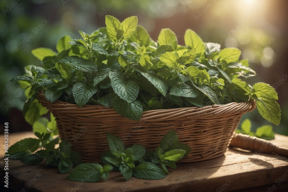 closed-up image of the mint leaves in a cane basket closed-up image of the mint leaves in a cane basket