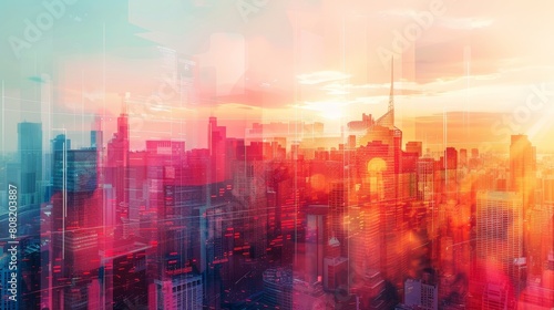 Vibrant abstract cityscape with colorful digital overlays 