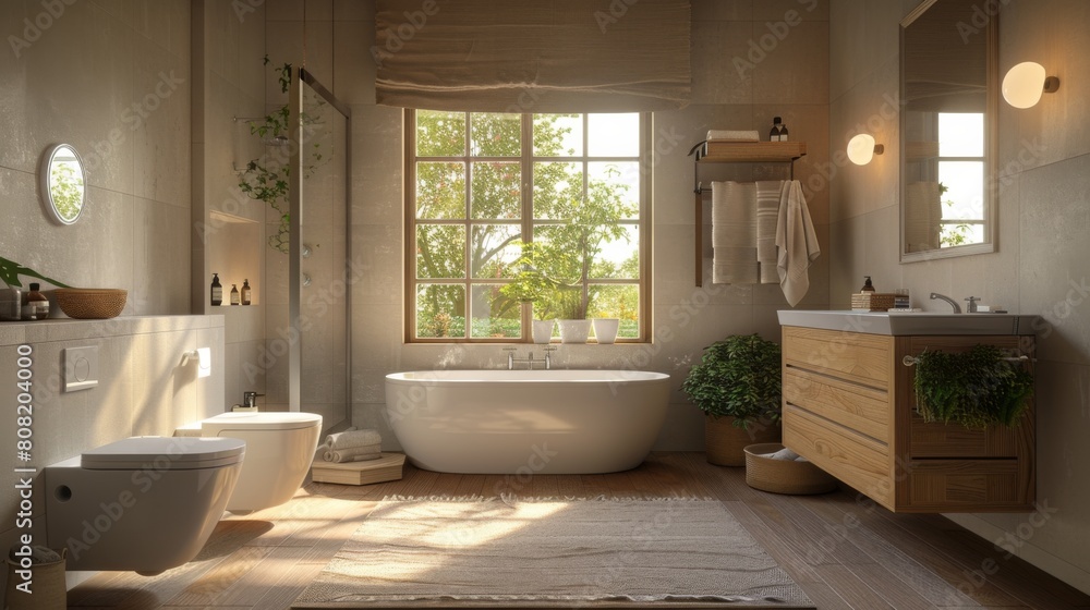 Detailed 3D illustration of a bathroom with a neutral color palette and overhead halogen lights that provide a clear, functional lighting setup.