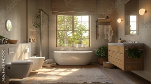 Detailed 3D illustration of a bathroom with a neutral color palette and overhead halogen lights that provide a clear  functional lighting setup.