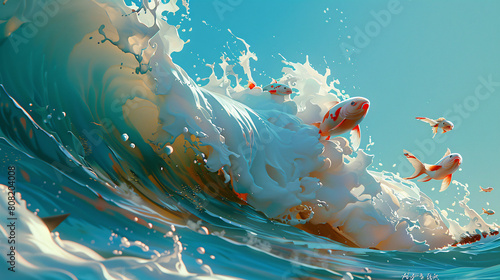 Vibrant digital art of koi fish swimming in a dynamic, stylized wave photo