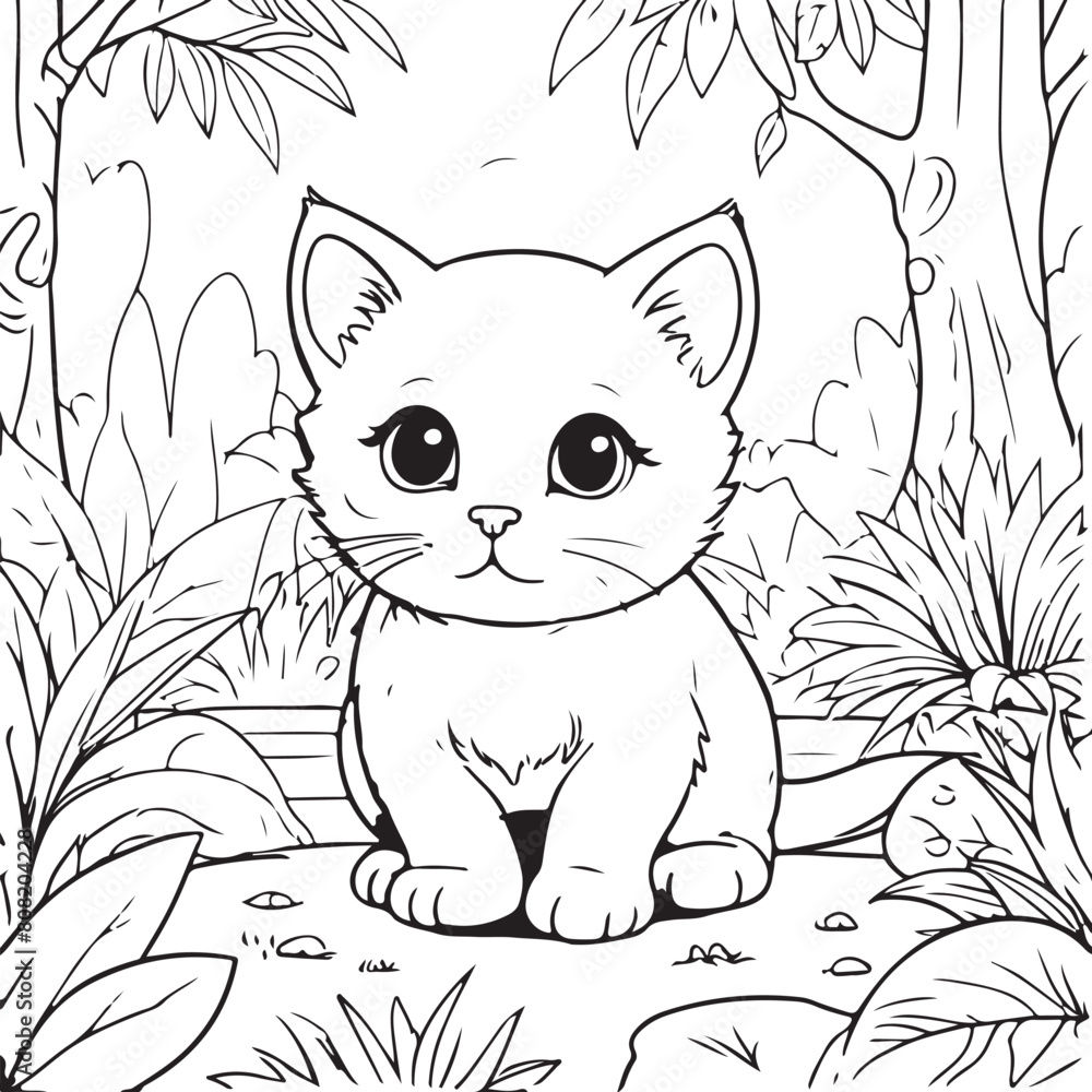 Obraz premium cute cat coloring book with kawaii kitten outline art, coloring page for kids, cat hand draw black line art.