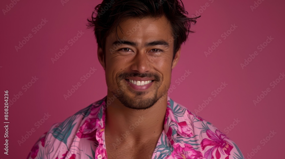 A tight shot of a man donning a floral shirt and grinning A tight shot of a man donning a floral shirt and grinning