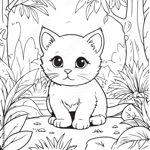 cute cat coloring book with kawaii kitten outline art, coloring page for kids, cat hand draw black line art.