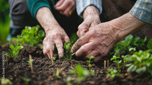 A close-up of an elderly couple's hands as they work together in their garden, planting seeds and tending to their plants with care. Dynamic and dramatic composition, with copy spa