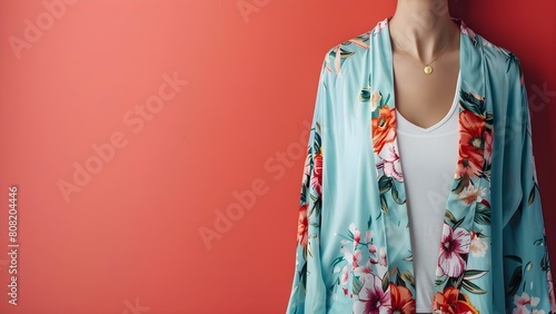 Bohemian Summer Style: Sky Blue Kimono with Floral Print Over White Tank Top for a Music Concert. Concept Bohemian Fashion, Summer Outfits, Styling Tips, Music Festival Attire, Trendy Kimono photo