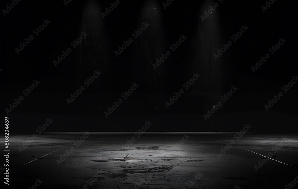 Obraz premium Black background with spotlight to concrete ground in studio. Dark interior background. Room with tile or cement and concrete floor.