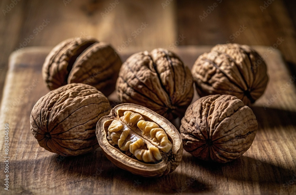 the versatility of walnuts, cracked open and arranged on a wooden chopping board the versatility of walnuts, cracked open and arranged on a wooden chopping board