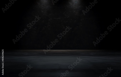 Black background with spotlight to concrete ground in studio. Dark interior background. Room with tile or cement and concrete floor.