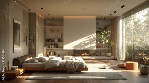 Detailed 3D illustration of a bedroom featuring Scandinavian design principles, with a discreet fireplace and gentle light creating a restful, uncluttered environment. photo