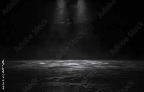 Black background with spotlight to concrete ground in studio. Dark interior background. Room with tile or cement and concrete floor.