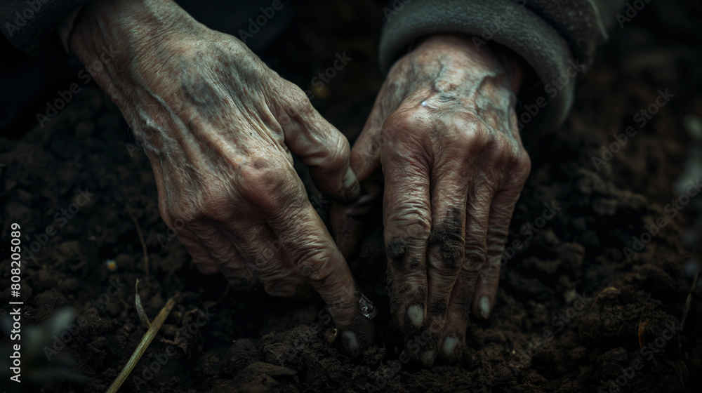 A close-up of an elderly couple's hands as they tend to their garden, with dirt-stained fingers and weathered skin telling the story of a lifetime spent together. Dynamic and drama A close-up of an elderly couple's hands as they tend to their garden, with dirt-stained fingers and weathered skin telling the story of a lifetime spent together. Dynamic and drama